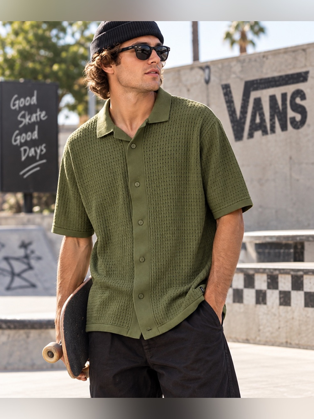 Vans Men’s Feldman Sweater Polo Olive Green Textured Knit Button Up Large